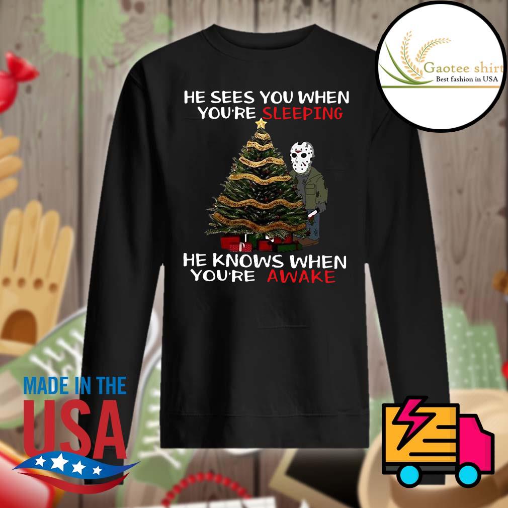 Jason Voorhees Christmas tree he sees you when you're sleeping he knows when you're awake Christmas s Sweater